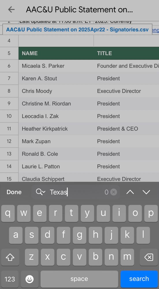 A screen shot of the spreadsheet in the quoted post, with Find On Page showing zero results for “Texas”