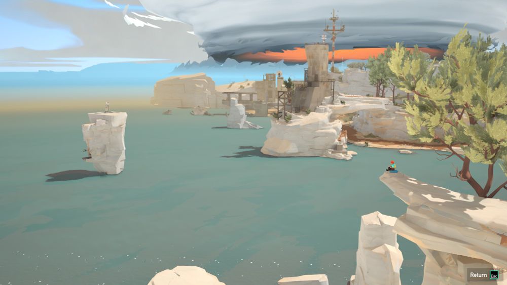 a panoramic vista of the shore in the game Caravan Sandwitch. A dangerous unnatural storm looms off in the distance while the protagonist looks out from a rocky cliff.