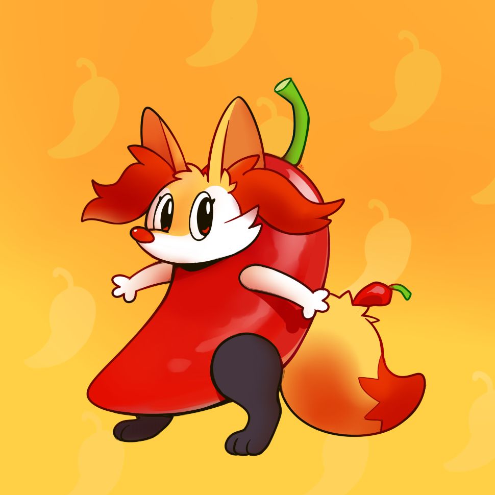 Pokemon fanart, digital drawing of a braixen wearing a full-body red chilli pepper costume. There is also a chilli pepper in its tail instead of a stick.