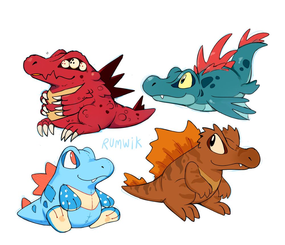 Pokemon/neopets fanart, digital drawing featuring four totodiles sporting neopets paint brush colours (mutant, maraquan, plushie, tyrannian).