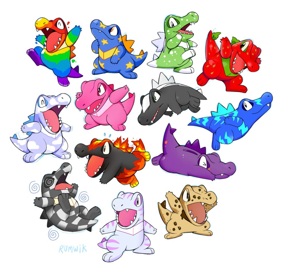 Pokemon/neopets fanart, digital drawing featuring thirteen different totodiles sporting neopets paint brush colours (rainbow, starry, speckled, strawberry, cloud, pink, skunk, electric, checkered, fire, purple, striped, biscuit).