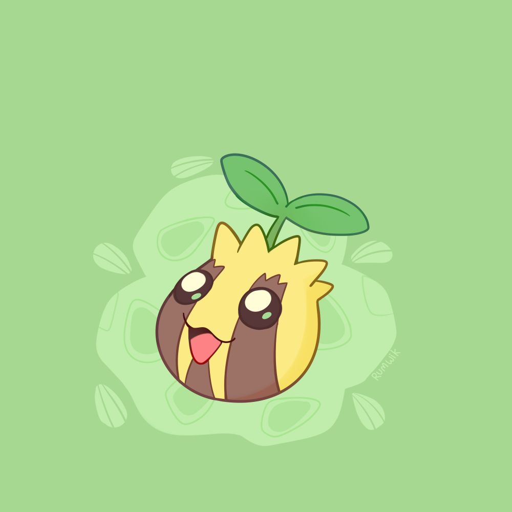 Pokemon fanart, digital drawing of a joyous sunkern on a green background.