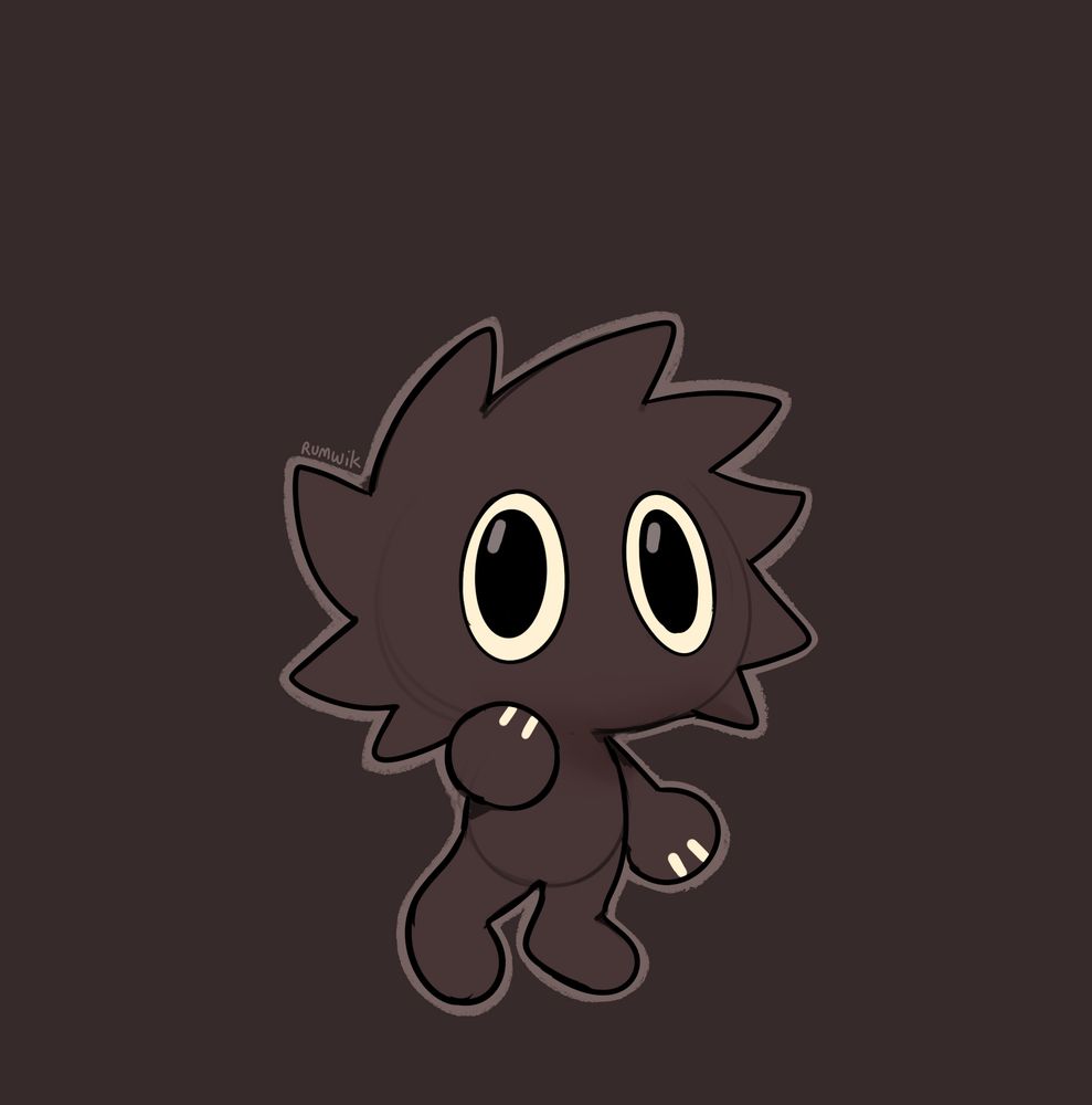 Digital drawing of a peculiar little humanoid soot ball-like critter with big staring eyes.