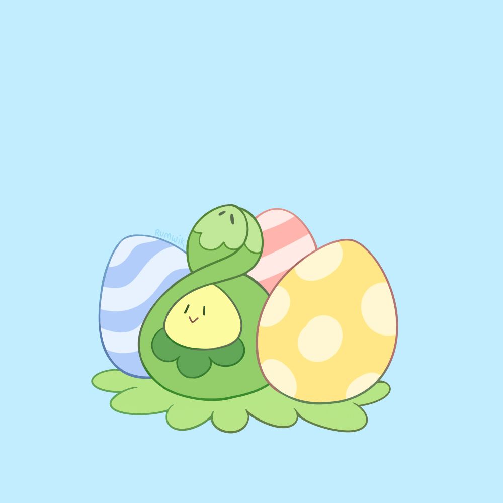 Pokemon fanart, digital drawing of a budew nestled among some colourful eggs on a pale blue background.