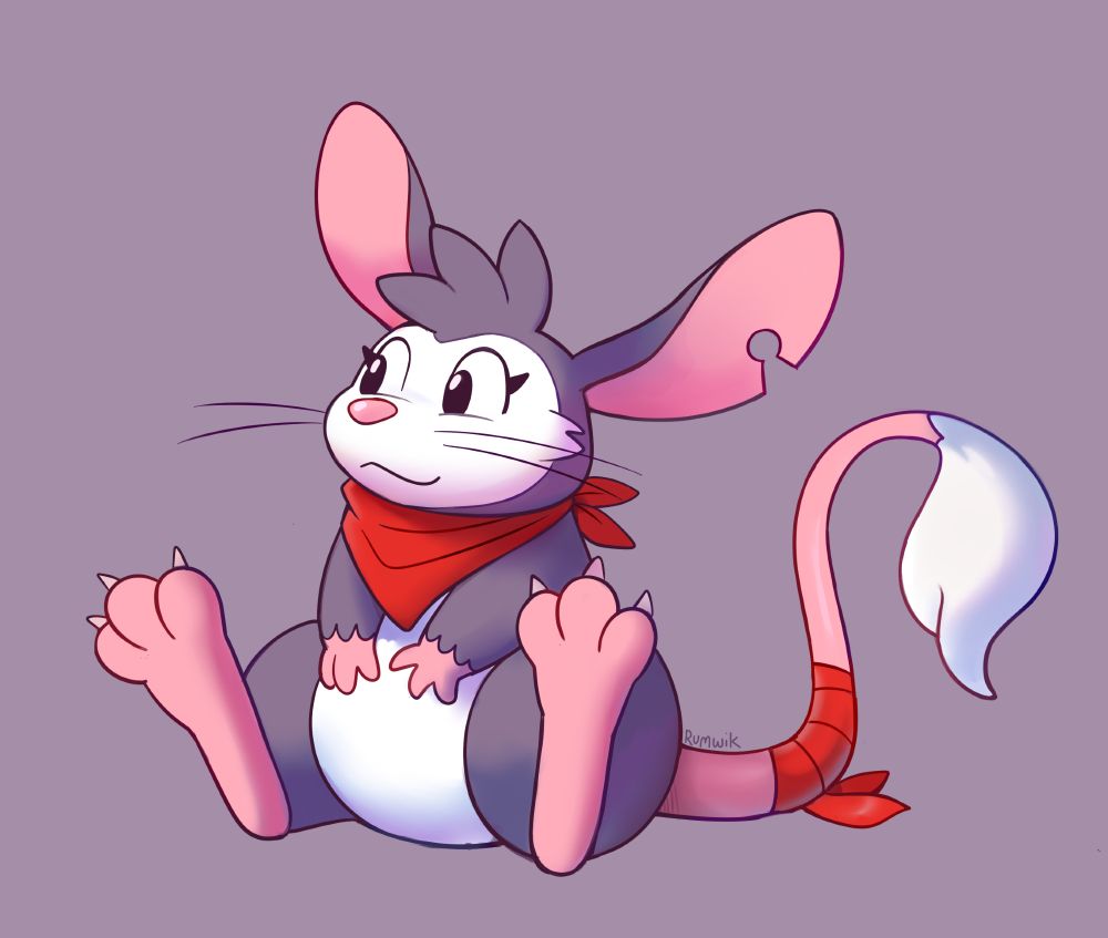 Digital drawing of a grey and white jerboa character with a red bandana. 