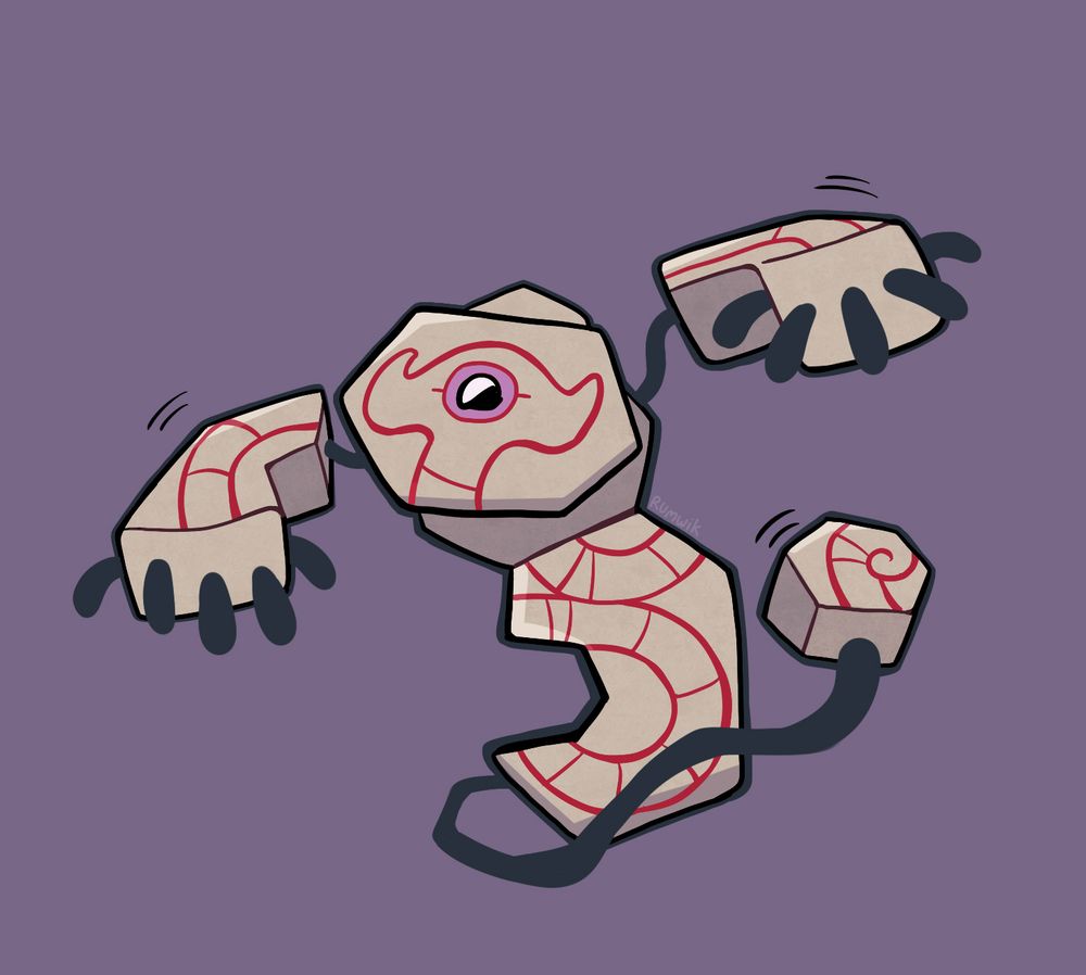 Pokemon fanart, digital drawing of a cute, simplified runerigus on a solid purple background.
