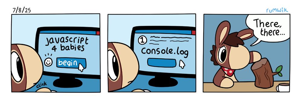 Digitally drawn three panel comic depicting Rum the Donkey interpreting the words "console.log" on a website called Javascript 4 Babies.
