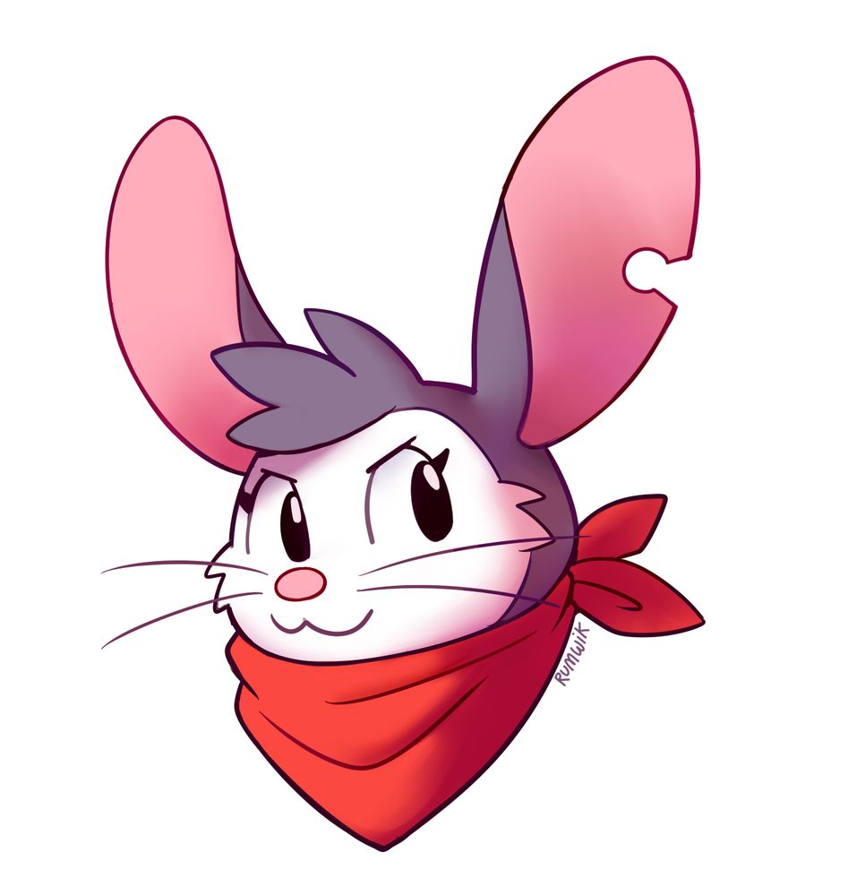 Digitally drawn headshot of a grey and white jerboa character with a red bandana. 