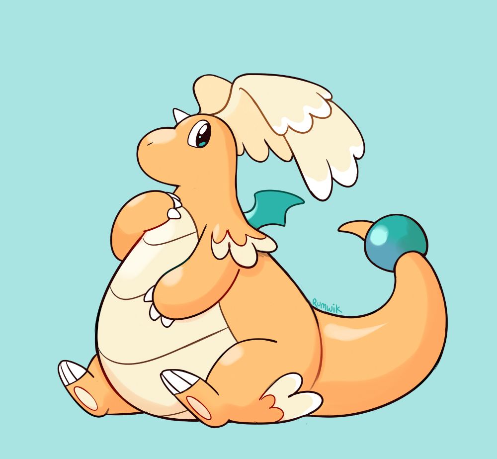 Pokemon fanart, digital drawing of a pear-shaped mega dragonite sitting down.