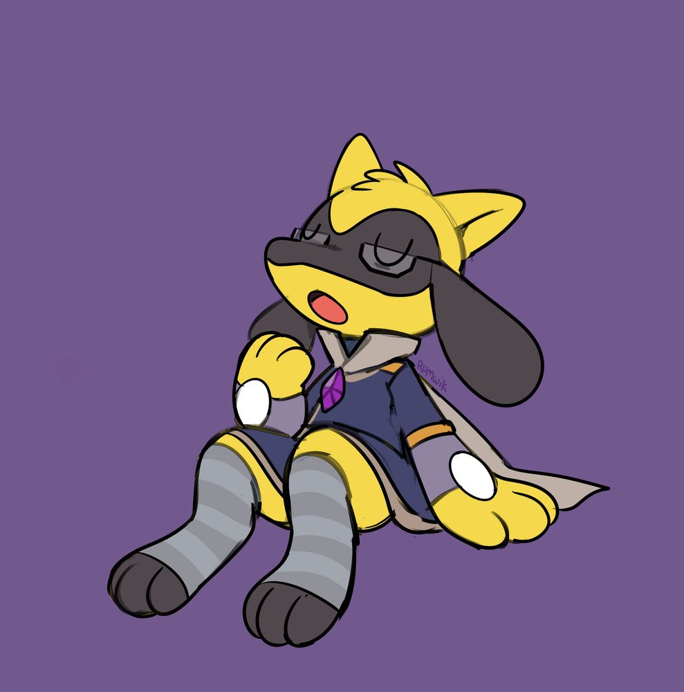Pokemon fanart, digital drawing of a sleepy shiny riolu wearing RPG-esque garb.