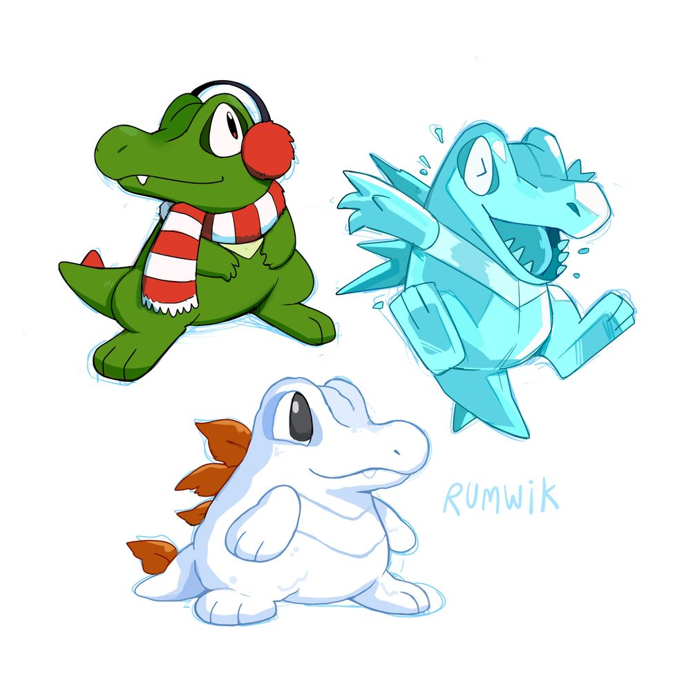 Pokemon/neopets fanart, digital drawing featuring three totodiles sporting neopets paint brush colours (christmas, ice, snow).