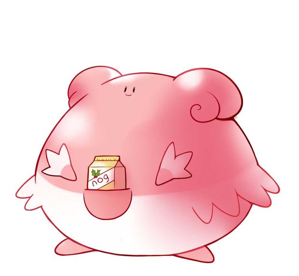 Pokemon fanart, digital drawing of a very wide blissey holding a carton of eggnog in her pouch. She has a small yet happy face that could illuminate a room.