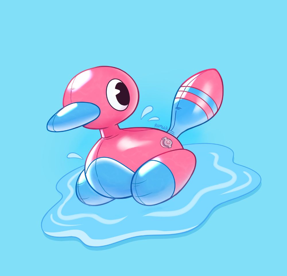 Pokemon fanart, digital drawing of an inflatable porygon2 pool toy on a blue background.