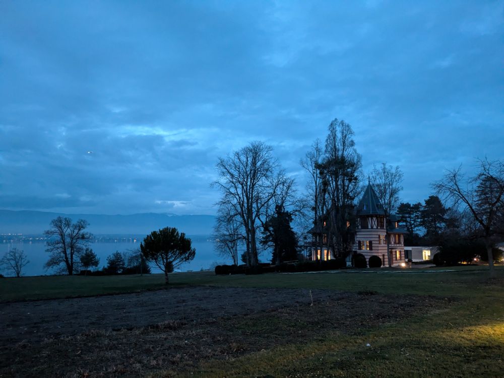 The Brocher villa on the banks of Lake Geneva in the late evening. 