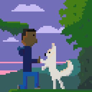 A man with brown skin kneeling to touch his hand to a small white dog’s paw. The dog stands on their hind legs. The two are in a mountainous area with the sky visible in the background.