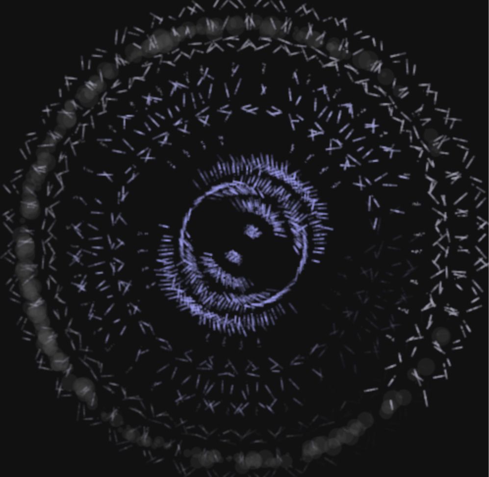 Two abstract figures that look spirit-like reaching towards each other inside circles made up of lines and smaller circles.