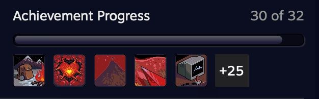 Capture d'écran Steam sur laquelle on voit mes succès du jeu Celeste. 30 sur 32 ont été débloqués.