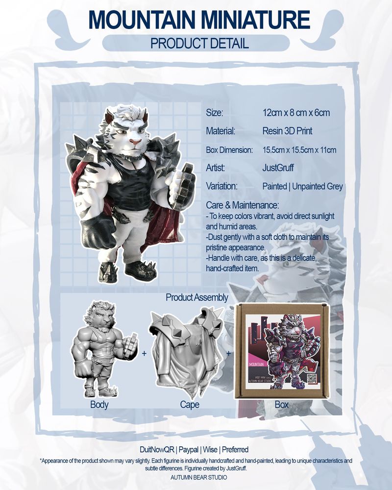 Boke Booth FURUM 2024 merchandise. You can purchase Where the Demon Lurks keychains, standees, ZZZ stickers, Fel and Sui stickers, shiba keychains, and Shiba XL the comic book, Shiba XL the standee and Tiger Holiday standee! Also on this page you see Mountain Miniature by JustGruff. It's RM 415 for a coloured version and RM 220 for a non-coloured one.
