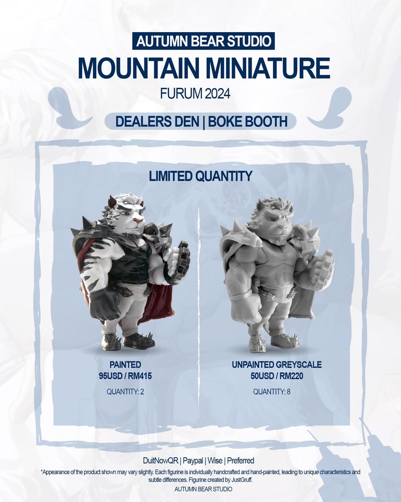 Boke Booth FURUM 2024 merchandise. You can purchase Where the Demon Lurks keychains, standees, ZZZ stickers, Fel and Sui stickers, shiba keychains, and Shiba XL the comic book, Shiba XL the standee and Tiger Holiday standee! Also on this page you see Mountain Miniature by JustGruff. It's RM 415 for a coloured version and RM 220 for a non-coloured one.