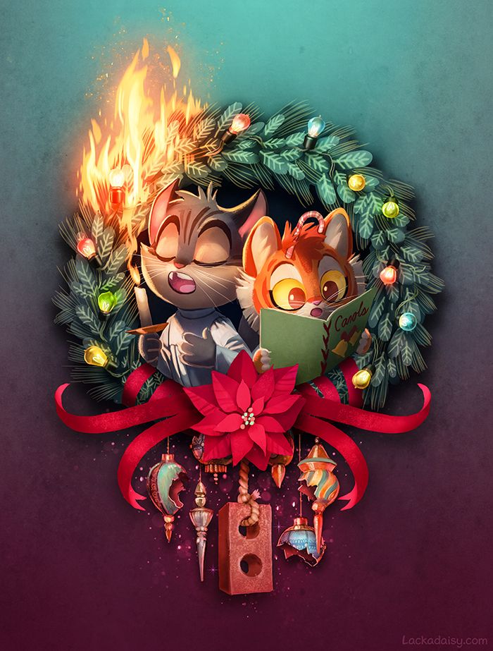 A digital painting of a pair of anthropomorphized kittens (Rocky and Freckle from the series Lackadaisy) framed in a large holiday wreath with Christmas ornaments hanging from it. They are singing from a book of carols. One is holding a candle, seemingly oblivious that is setting the wreath on fire.