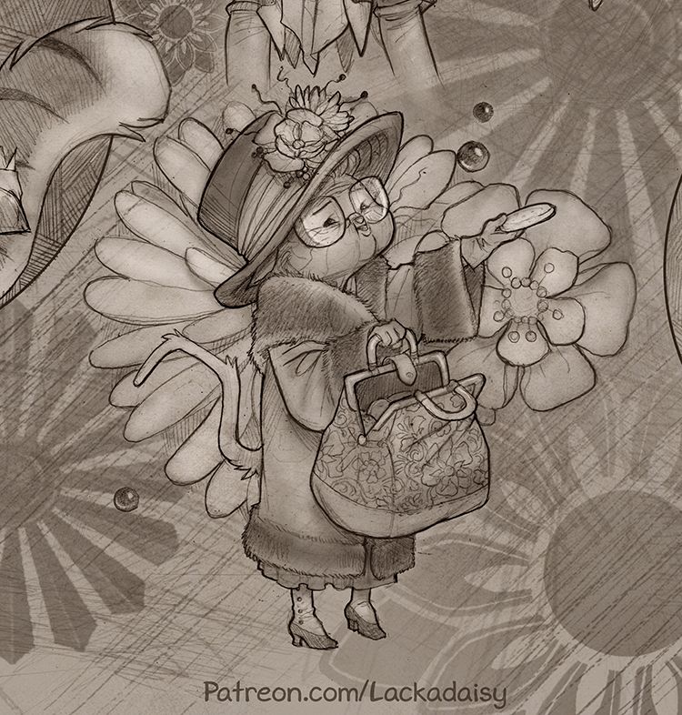 A sepia toned pencil drawing of Mrs. Bapka, an elderly anthropomorphic cat in early 20th century attire, from the series Lackadaisy. She is holding a carpet bag full of cookies.