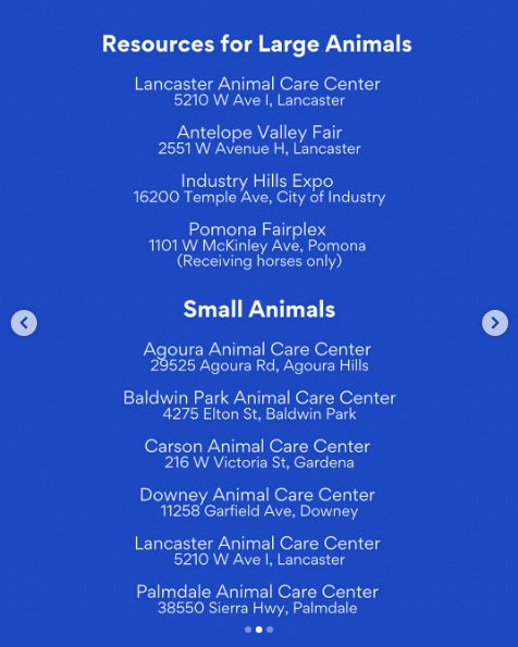 Screen capture of a message from pet food delivery company Chewy listing animal care resources in fire affected areas in California.