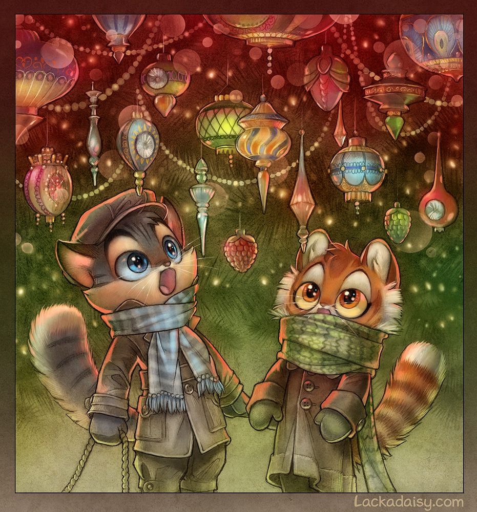 Illustration of a pair of anthropomorphized kittens (Rocky and Freckle from the series Lackadaisy) staring in wonder at a shimmering array of colorful, glass, Christmas tree ornaments overhead.