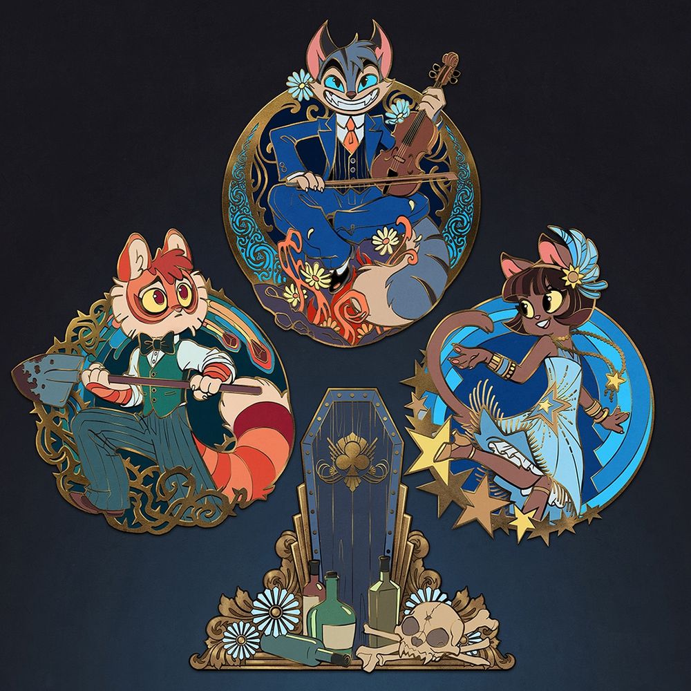 Design art for a Lackadaisy pin set, featuring characters Freckle, Rocky, and Ivy.