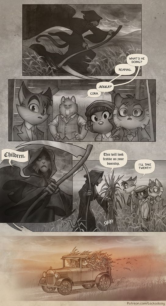 A short Lackadaisy comic, picturing Abelard Arbogast in a field, swinging a scythe, looking like the Grim Reaper. The comic reveals that he's just harvesting corn stalks for festive autumn decoration.