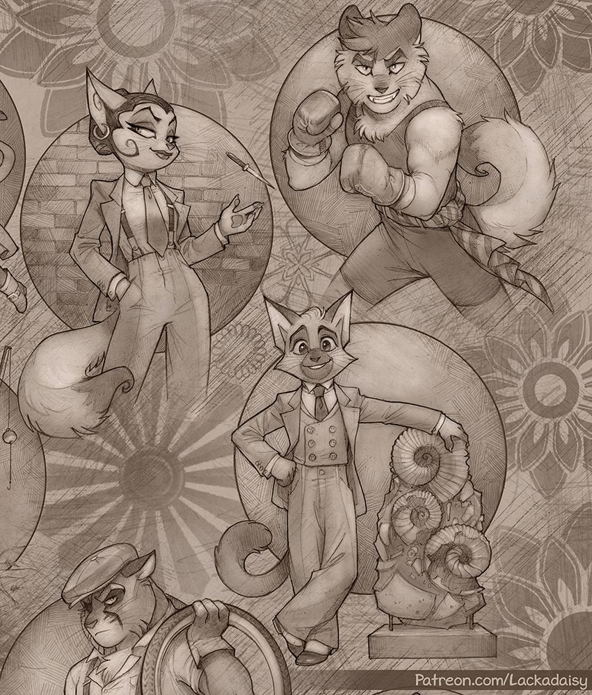 A collage of pencil drawings of anthropomorphic cat characters in 1920s garb from the series Lackadaisy. Sepia tone has been digitally added to the image. The drawings include Serafine Savoy, Nicodeme Savoy, Wick Sable, and Viktor Vasko. Wick is posing with an ammonite fossil display.
