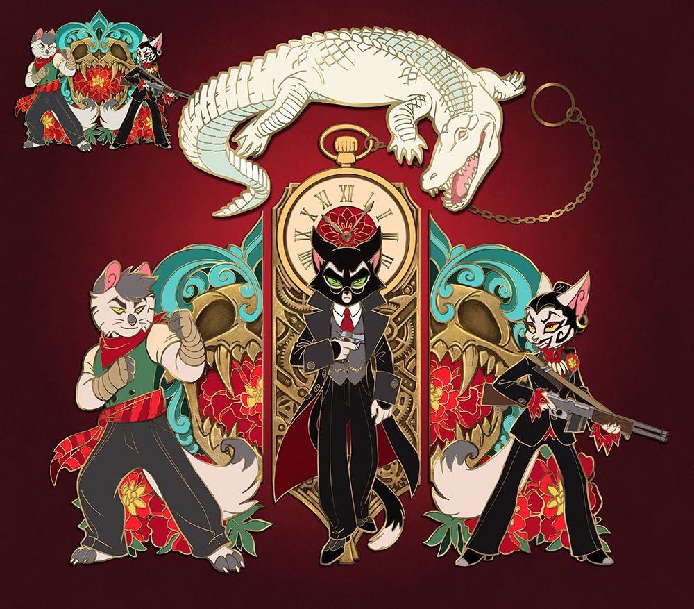 Design art for a Marigold Gang (Lackadaisy) pin set, featuring Nicodeme, Mordecai, and Serafine.