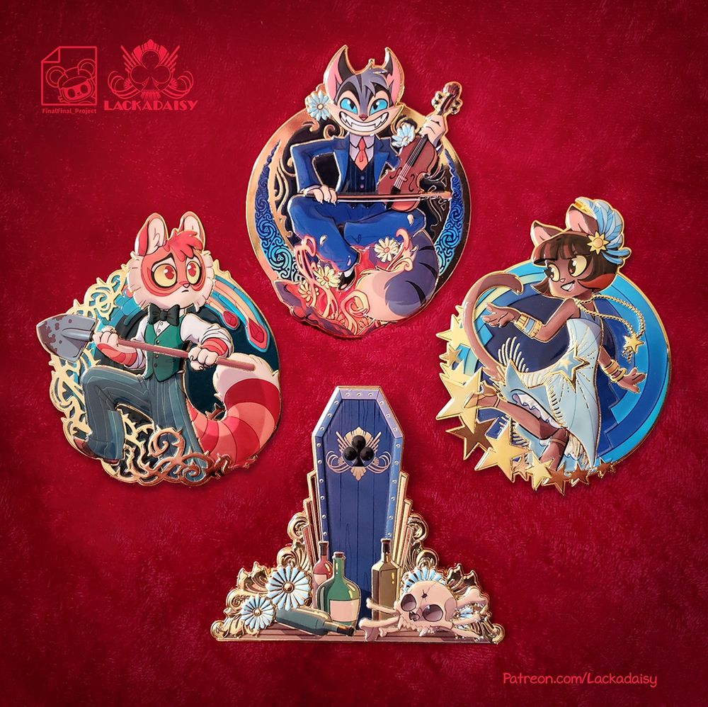 A photo of the Lackadaisy jumbo pin set, featuring characters Rocky, Freckle, and Ivy.