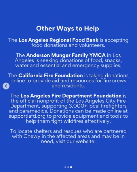 Screen capture of a message from pet food delivery company Chewy listing organizations to donate food and other resources to for those affected by the California wildfires.