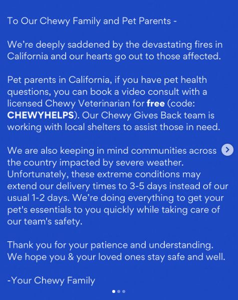 Screen capture of a message from pet food delivery company Chewy offering free vet consultations to those in areas affected by the fires in California.