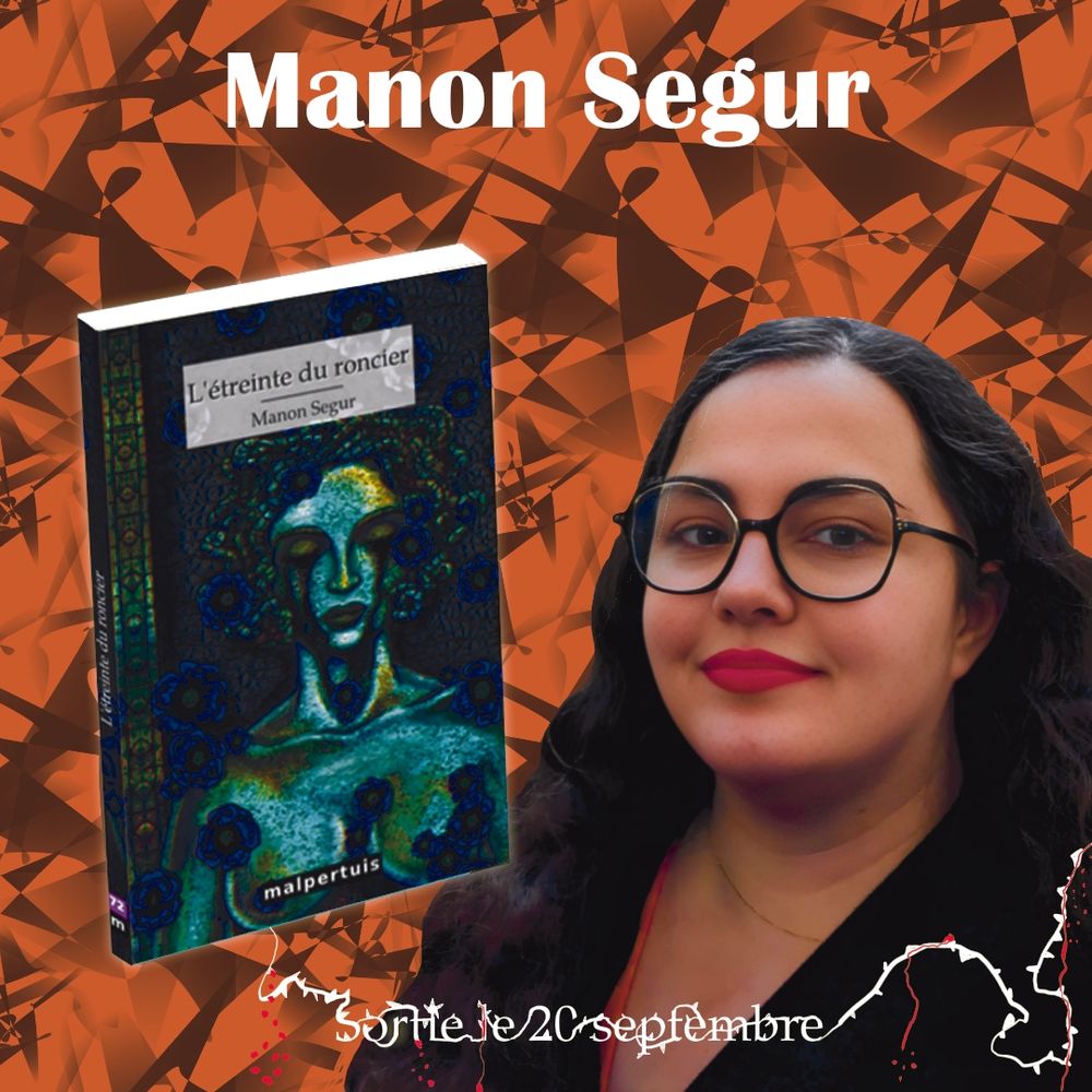 Visuel de la maison d'édition avec une photo de moi sur le côté droit, la couverture de mon roman sur le côté gauche, dans les tons bleutés, un fond art déco brun un peu abstrait et 