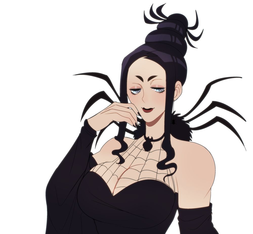 Arachne slightly smoking with her hand up 🖤