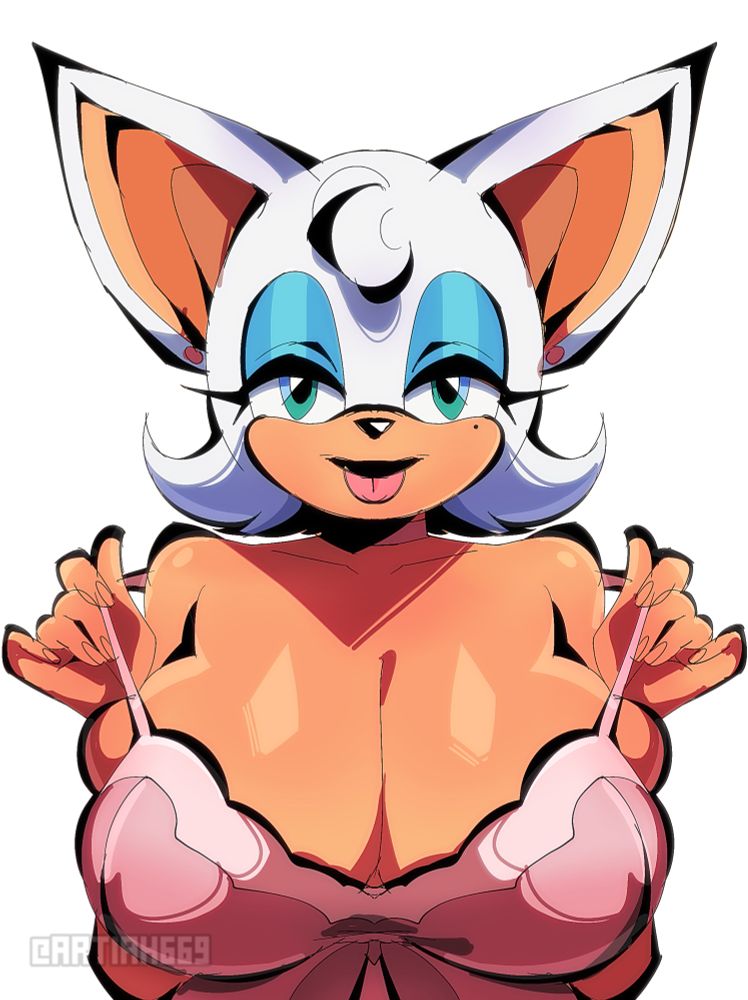 Rouge the bat from the sonic series in a cute pink night grown. She has a cute curl on her head/ has her tongue out. She is also playing with the straps of her dress 