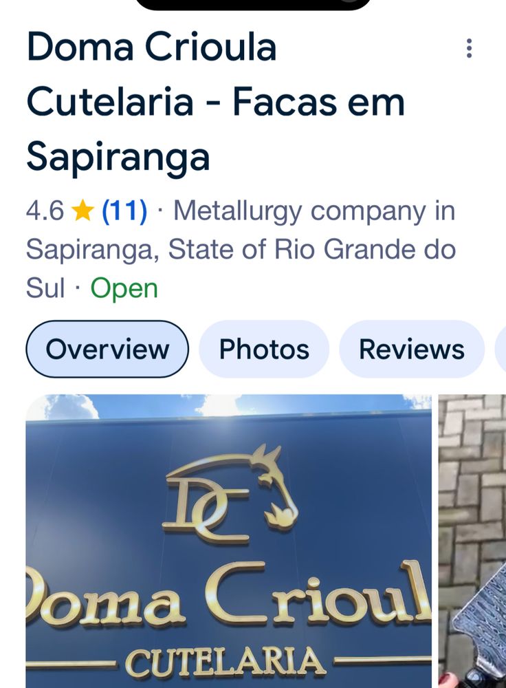 Print de tela na busca do Google, onde mostra um estabelecimento chamado Doma Crioula Cutelaria, situado em Sapiranga - RS.