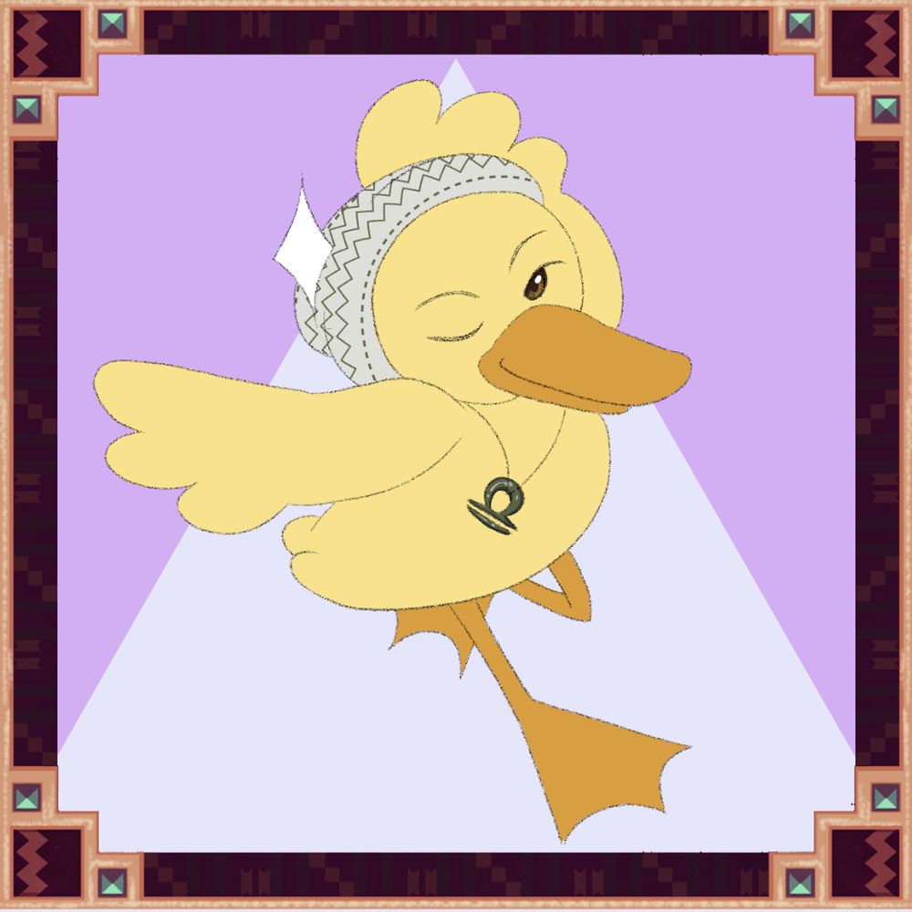 Ducksona of Skye against a light purple background. The duck is wearing a beanie and necklace and is dancing.