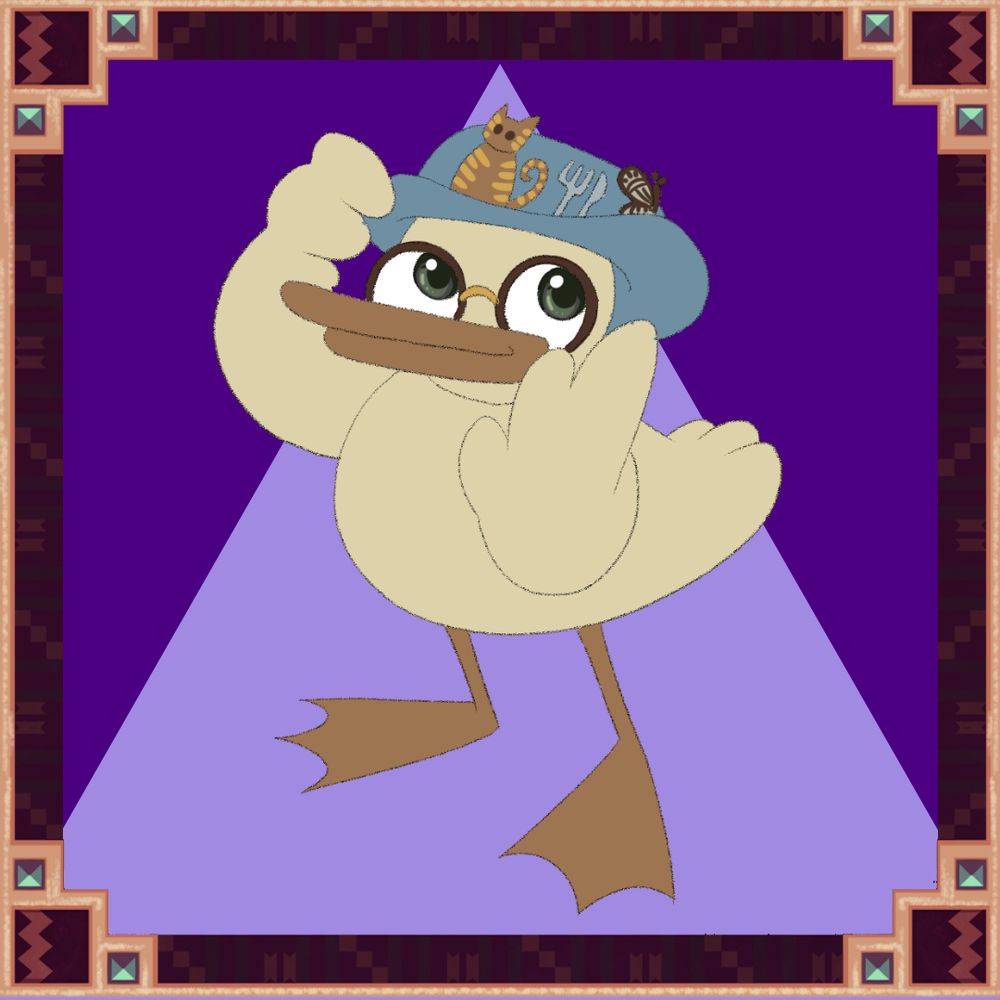 Yellow duck with big round glasses and a blue hat filled with fun trinkets. Against a purple background.