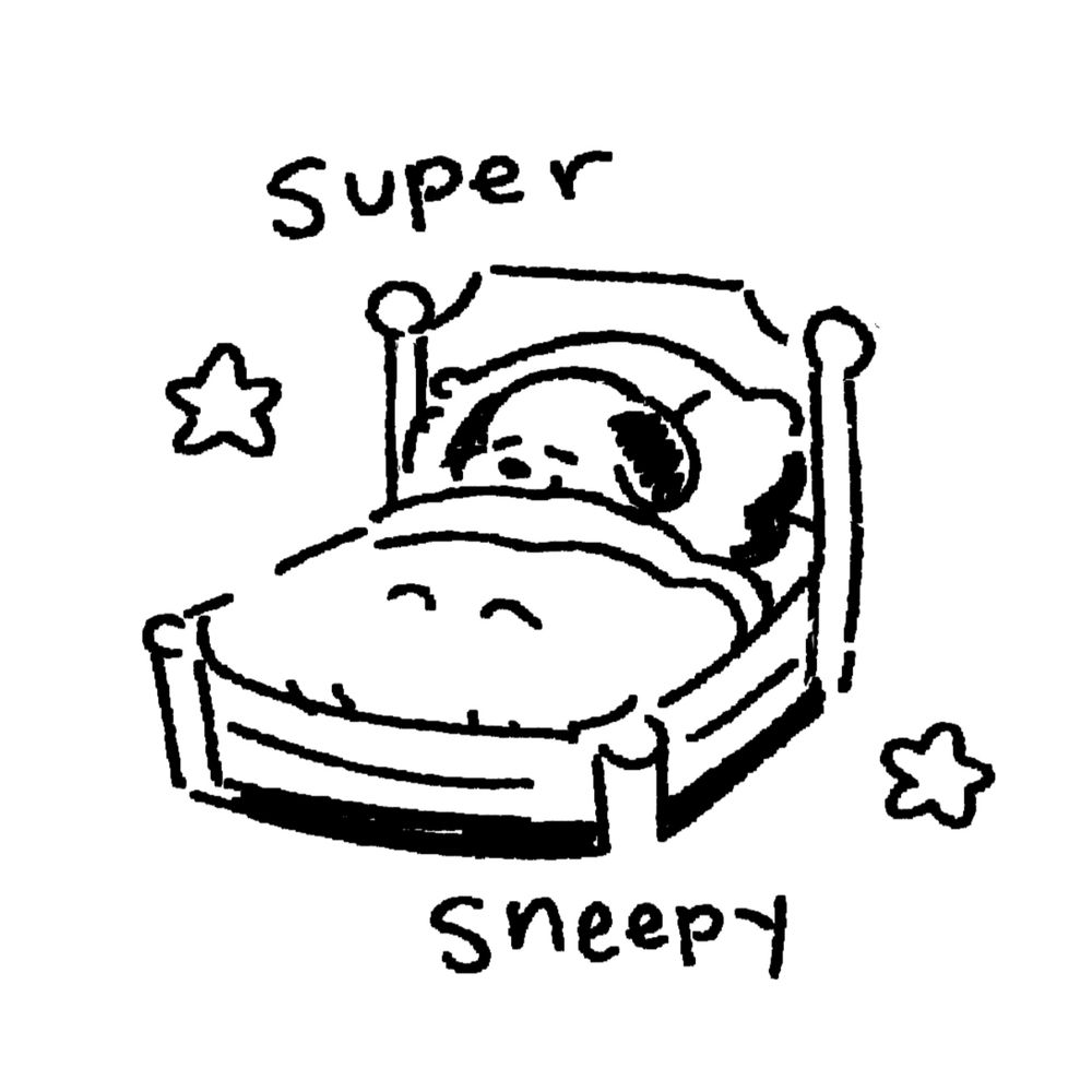 a drawing of snoopy tucked snuggly in a bed, contently sleeping with a smile on his face. there are two stars and the words 'super sneepy' around him.
