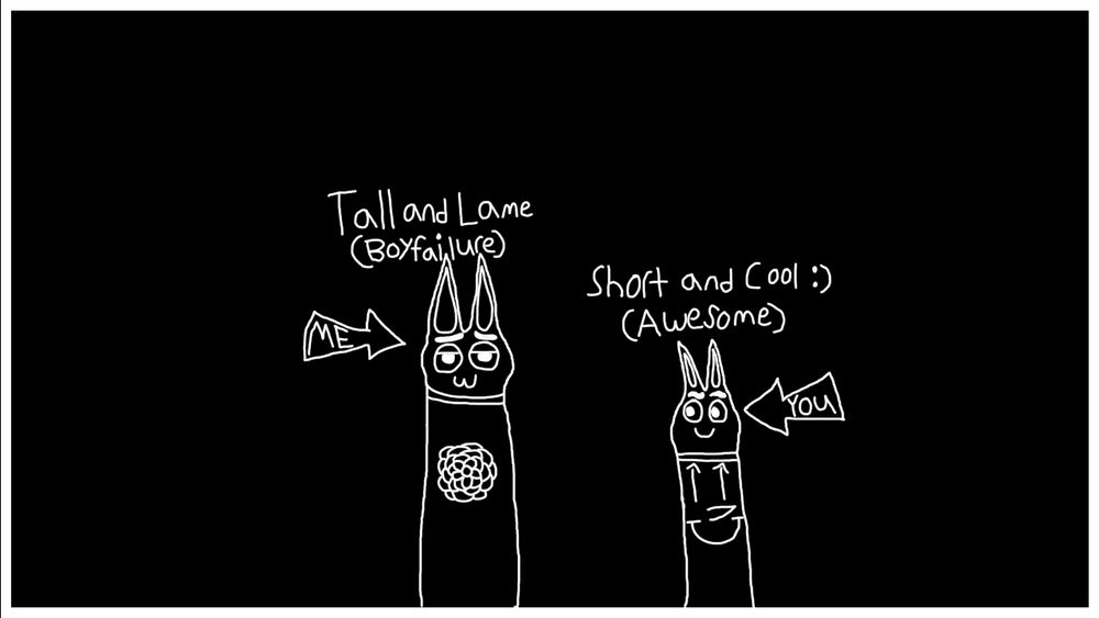 A doodle of two creatures, where one is described as tall and lame, the other is short and cool.
