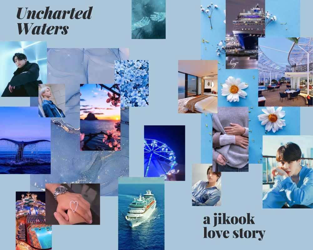 A mood board for my fic, Uncharted Waters. Background is blue with a collage of blue-themed pictures. 