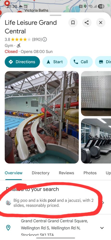 (?AI summary) review of Life Leisure Grand Central swimming pool in Stockport, England enticing prospective customers with the prospect of a "big poo" 💩 