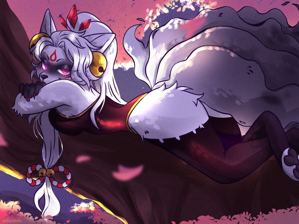 a white fox with many tails and red markings looks at the viewer while lounging relaxed in a blooming cherry blossom tree at night, they smile slyly as they look over their shoulder.