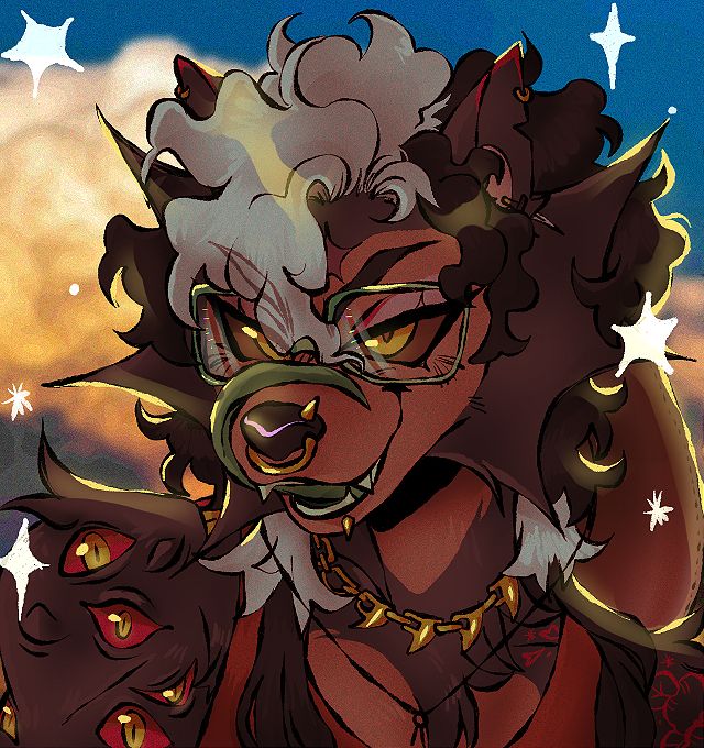 my oc Beef looking at the viewer licking their chops with a sly look, the sunset sky behing them and small stars all around.