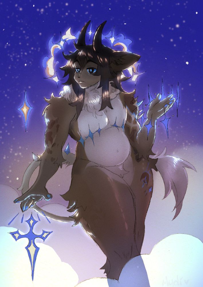 a furred humanoid stands in an etheral mist in the stars, arcane fire and more stars swirl around him as he wistfully looks off into the vast space.
