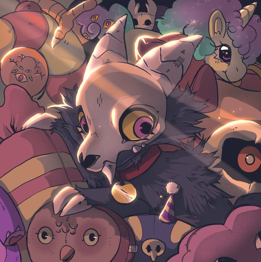 King from the Owl House looks down to the right as he climbs up an assortment of plushies ranging from owls, monsters, and a suspiciously Alolan Ponyta like unicorn 