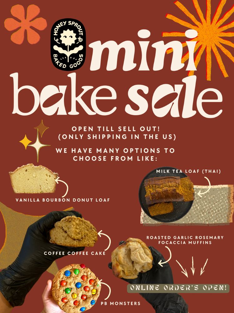 2/2 images, there's playful text on the image with many images of the various deserts on my Etsy including: coffee-coffee cake, roasted garlic focaccia, & milk tea loaf. the text reads: 
