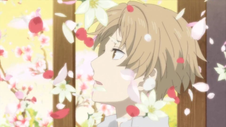 A screenshot from Natsume's Book of Friends. Flower petals are flying around Natsume as he gasps in surprise